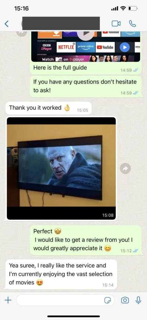 WhatsApp customer message screenshot 1 IPTV Bears review feedback
